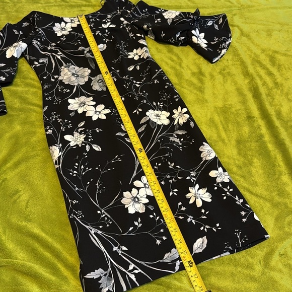 Calvin Klein Floral Dress Bell Cuff Sheath Bateau Neck Black White Flower Sz 4 - Picture 6 of 8